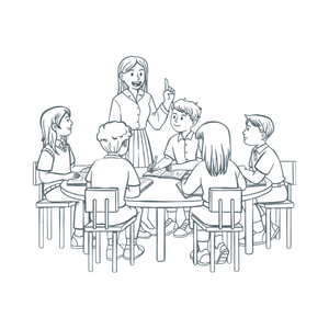 Enseignante devant un groupe d'élèves assis autour d'une table