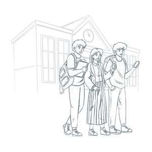 Trois adolescents devant un établissement scolaire