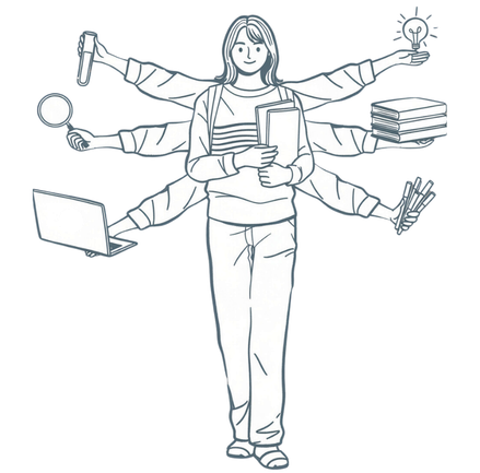 Une personne multitâche tenant livres et objets d’apprentissage