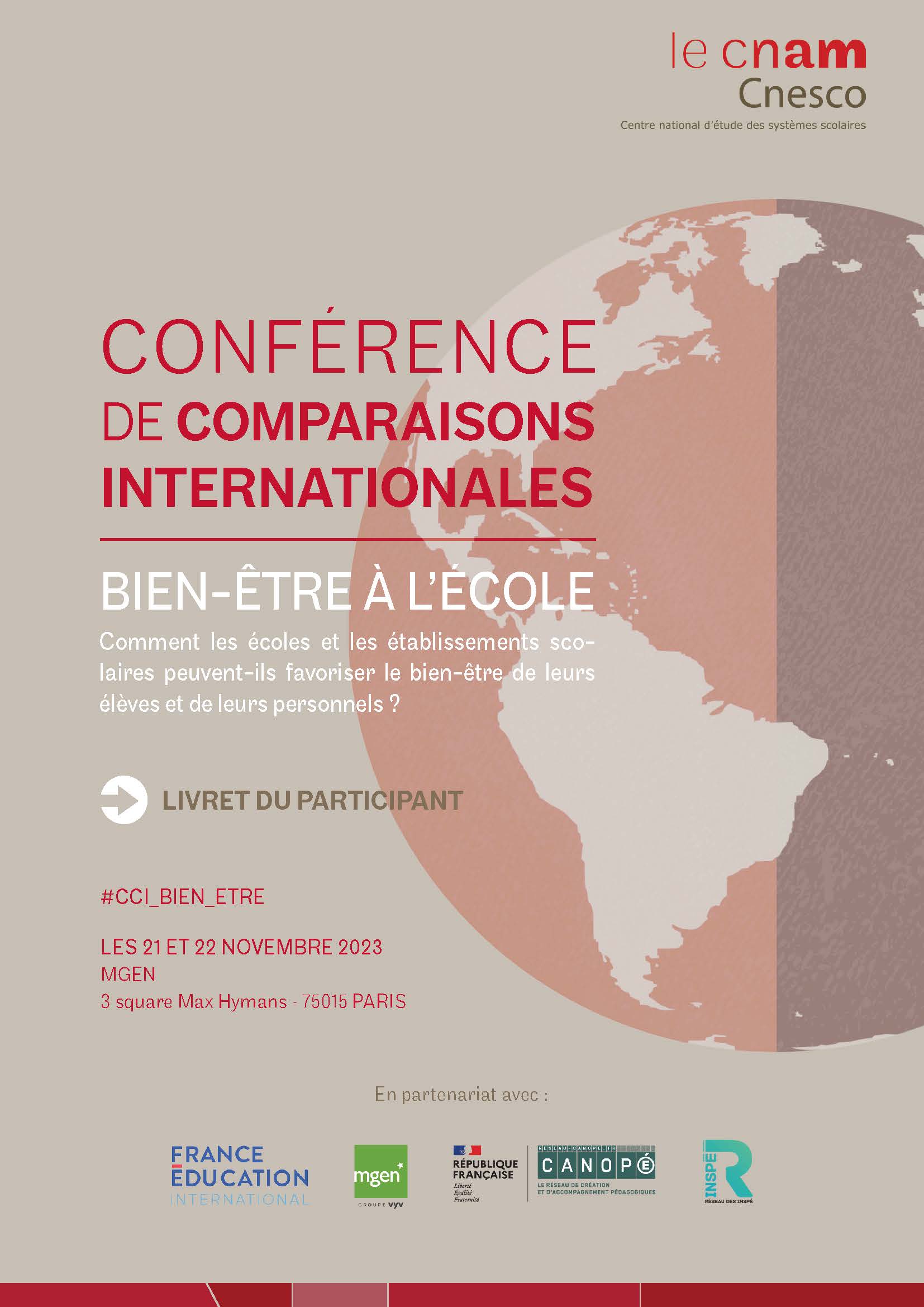 Couverture du livret du participant de la conférence de comparaisons internationales du Cnesco sur le bien-être à l'école