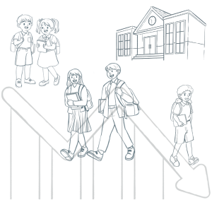 Illustration de quatre élèves devant une école, accompagnés d’une flèche descendante.